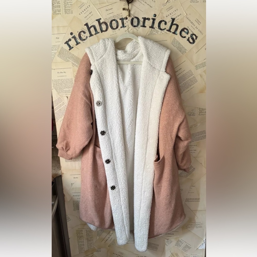 Free People North Pole Cardi Maxi Hood Knit Coat Faux Fur Line Rose Pink